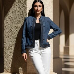 Bay Studio Dark Blue Jean Jacket with Intricate Black Trim